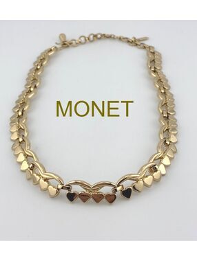 RARE Vintage Monet Gold Tone Heart Links Choker Necklace Adjustable 12-15"